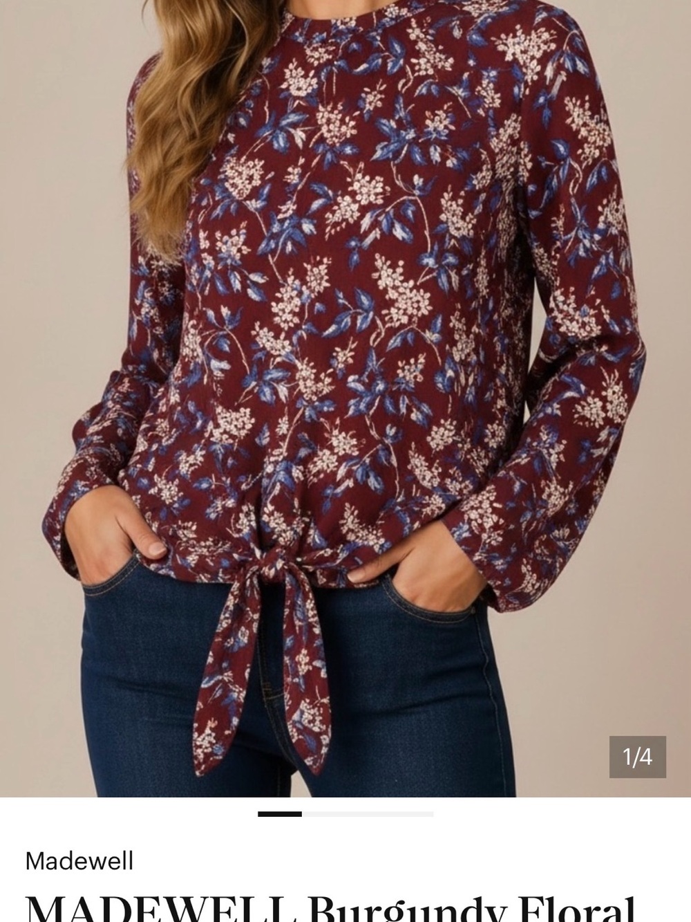 Madewell Burgundy Floral Tie-Front Blouse, Size XS